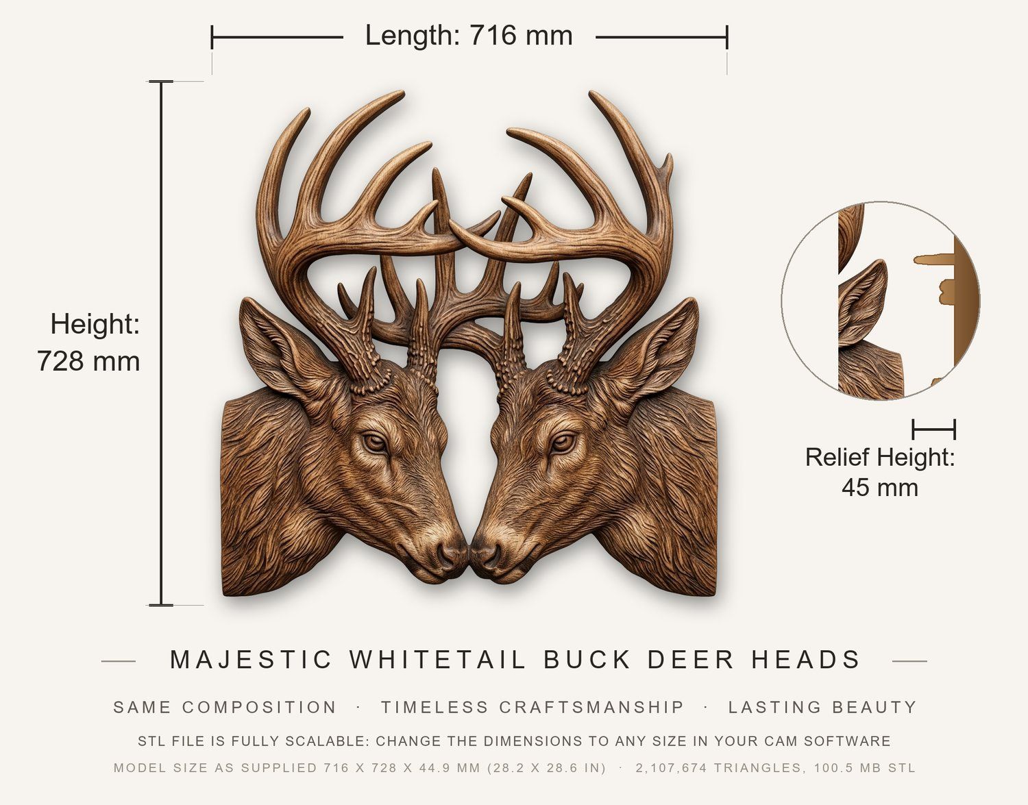 Majestic Whitetail Buck Deer Heads CNC Relief STL bas-relief STL — view 3