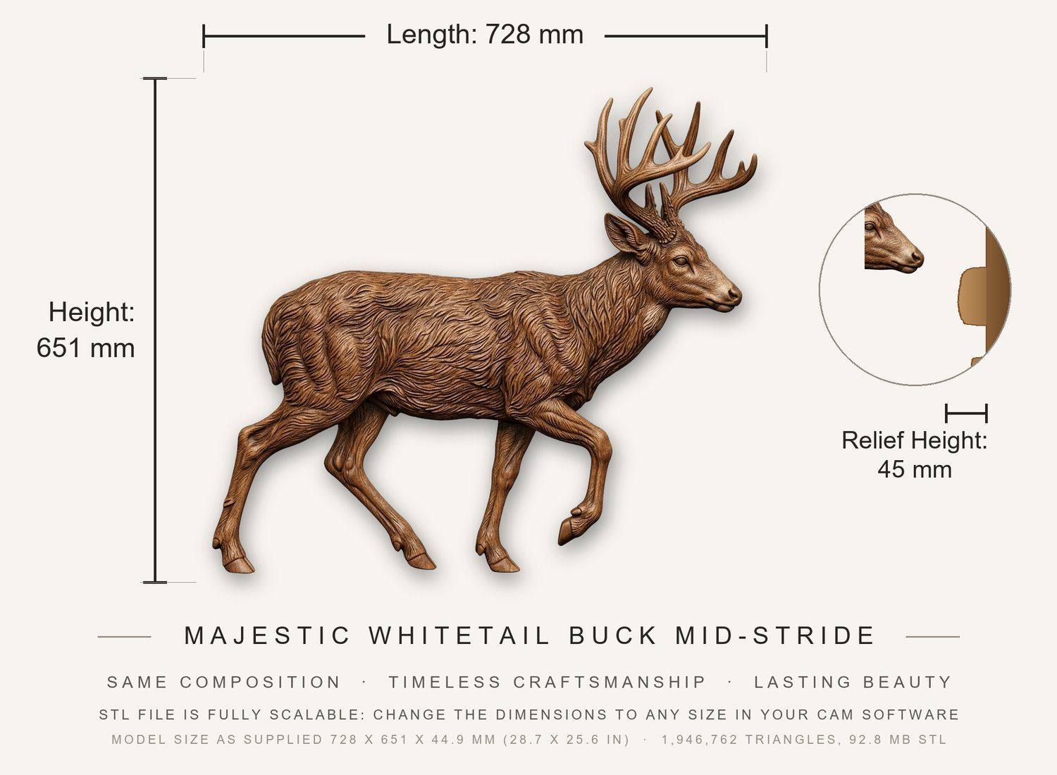 Majestic Whitetail Buck Mid-Stride CNC Relief STL bas-relief STL — view 3