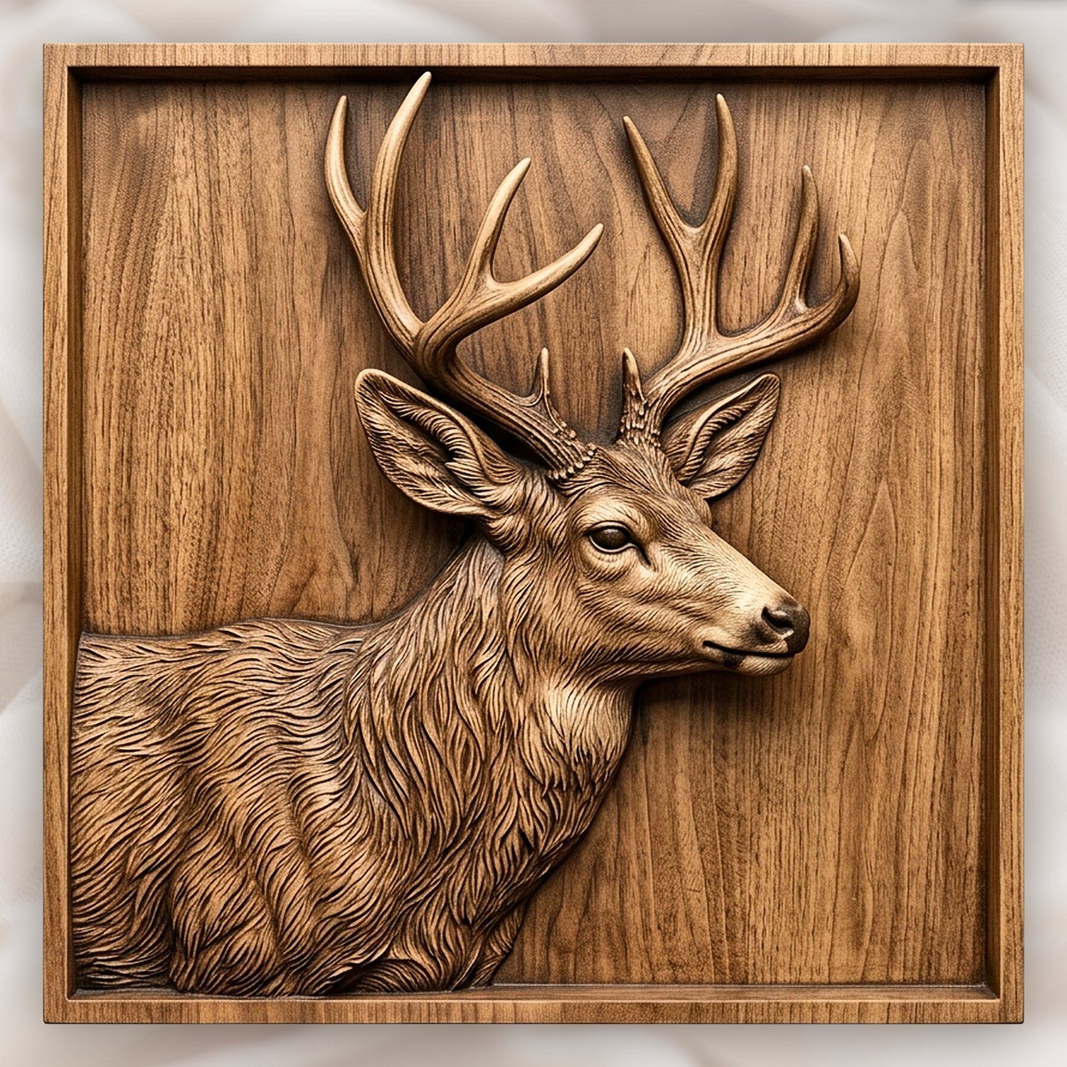 Majestic Whitetail Buck Wildlife Scene CNC Relief STL | Rustic Deer Wall Art Carving | Hunting Lodge Wood Panel Decor — carved bas relief STL file for CNC