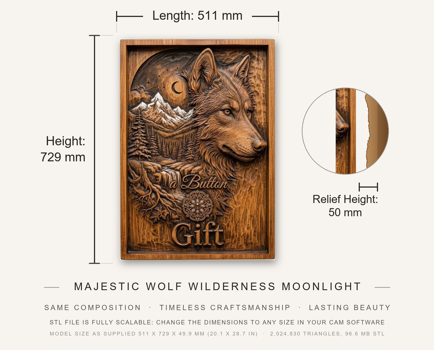 Majestic Wolf Wilderness Moonlight Landscape CNC Relief STL bas-relief STL — view 3