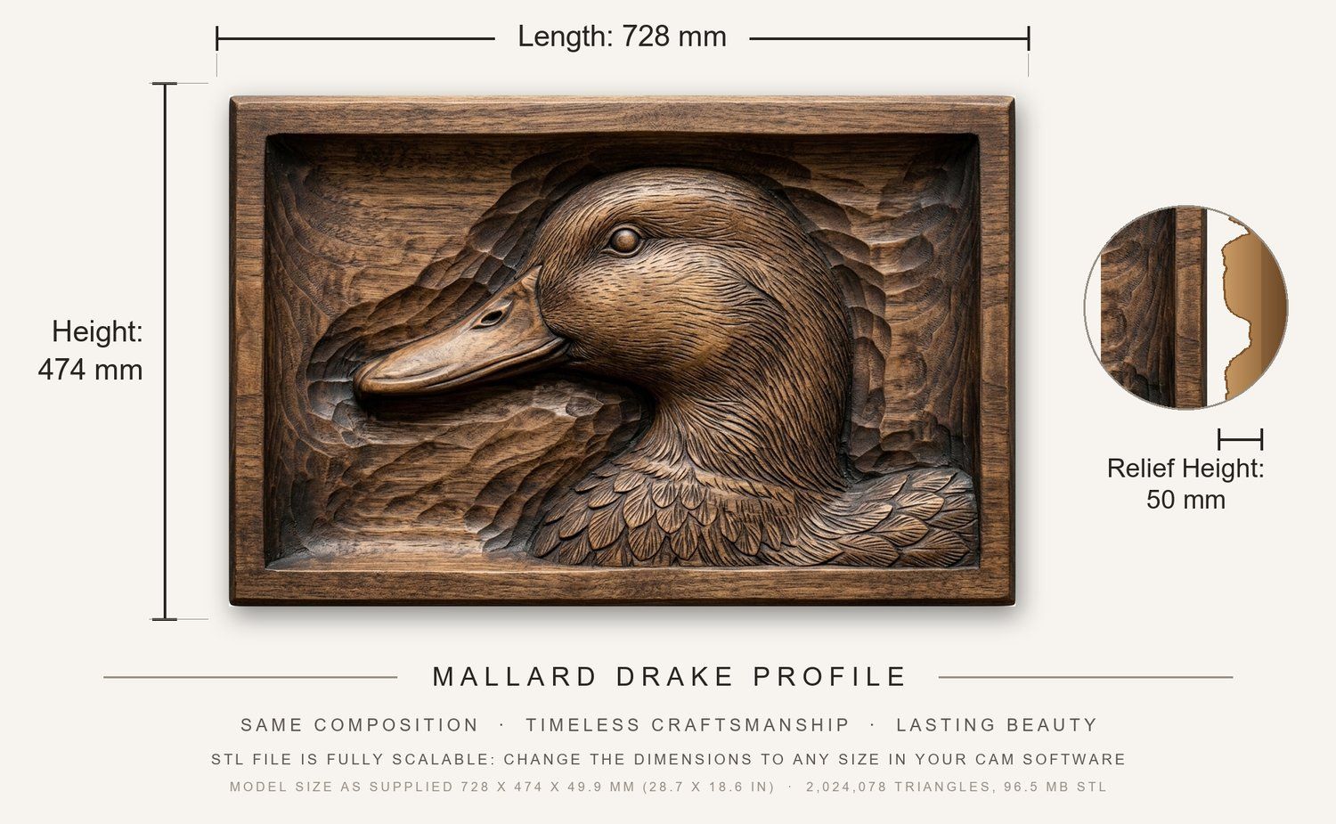 Mallard Drake Profile CNC Relief STL bas-relief STL — view 3