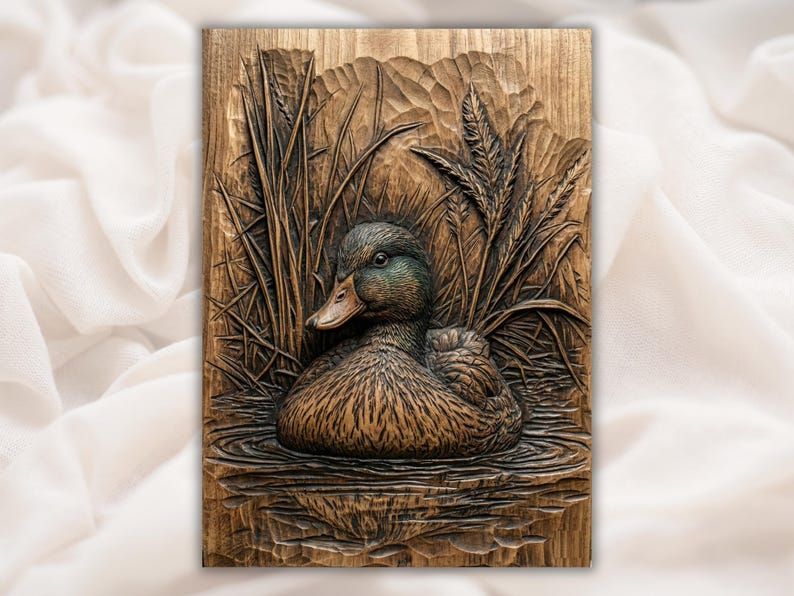 Carved wood bas-relief of a mallard duck floating on water among cattails and marsh reeds