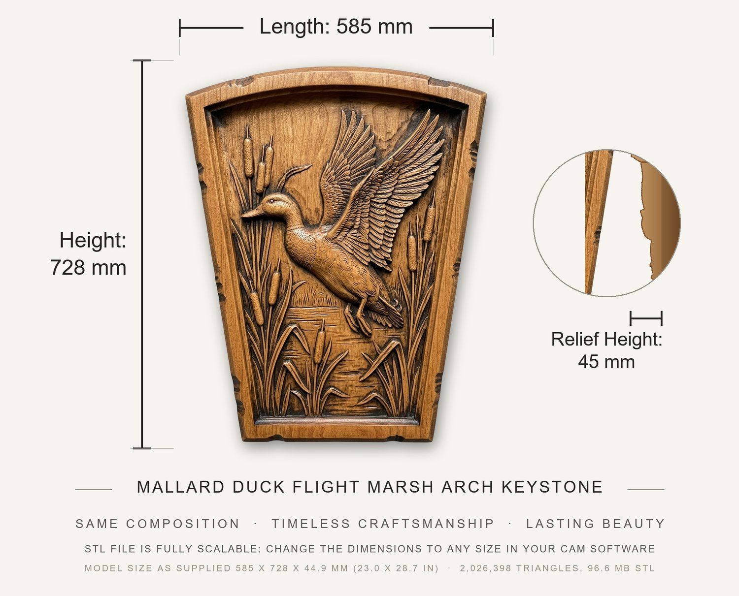 Mallard Duck Flight Marsh Arch Keystone CNC Relief STL bas-relief STL — view 3