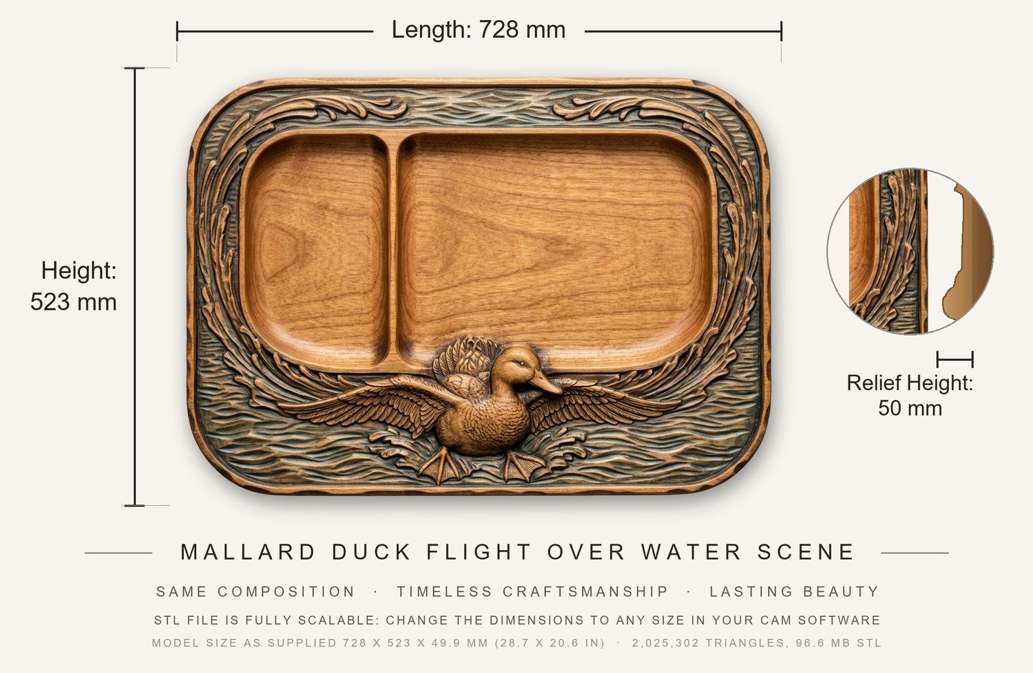 Valet Tray Mallard Duck Flight Over Water Scene CNC Relief STL bas-relief STL — view 3