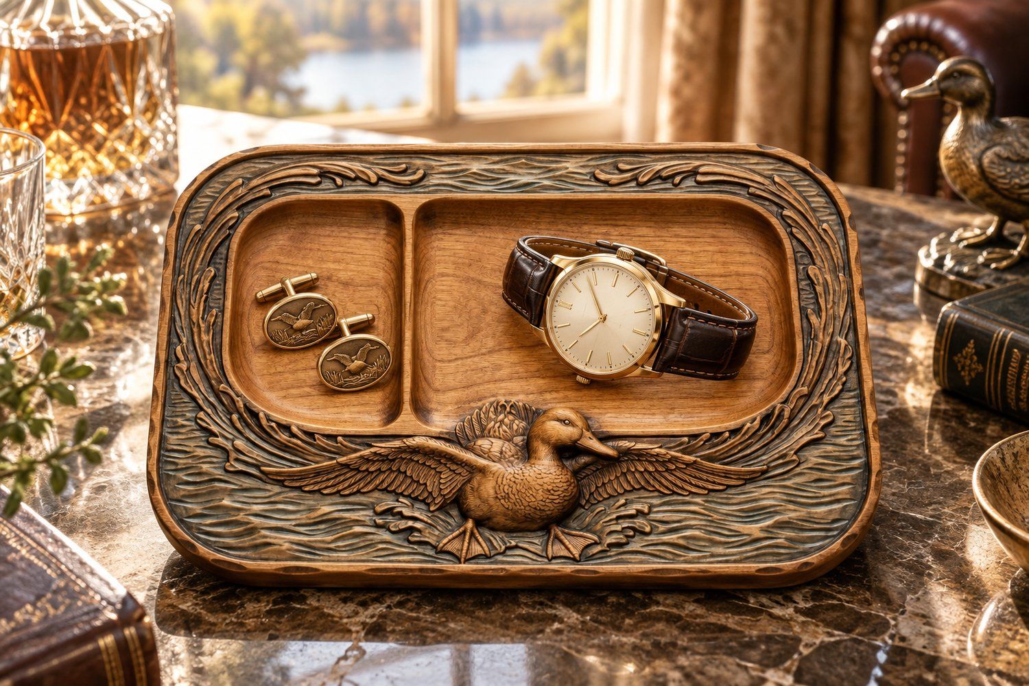 Valet Tray Mallard Duck Flight Over Water Scene CNC Relief STL bas-relief STL design