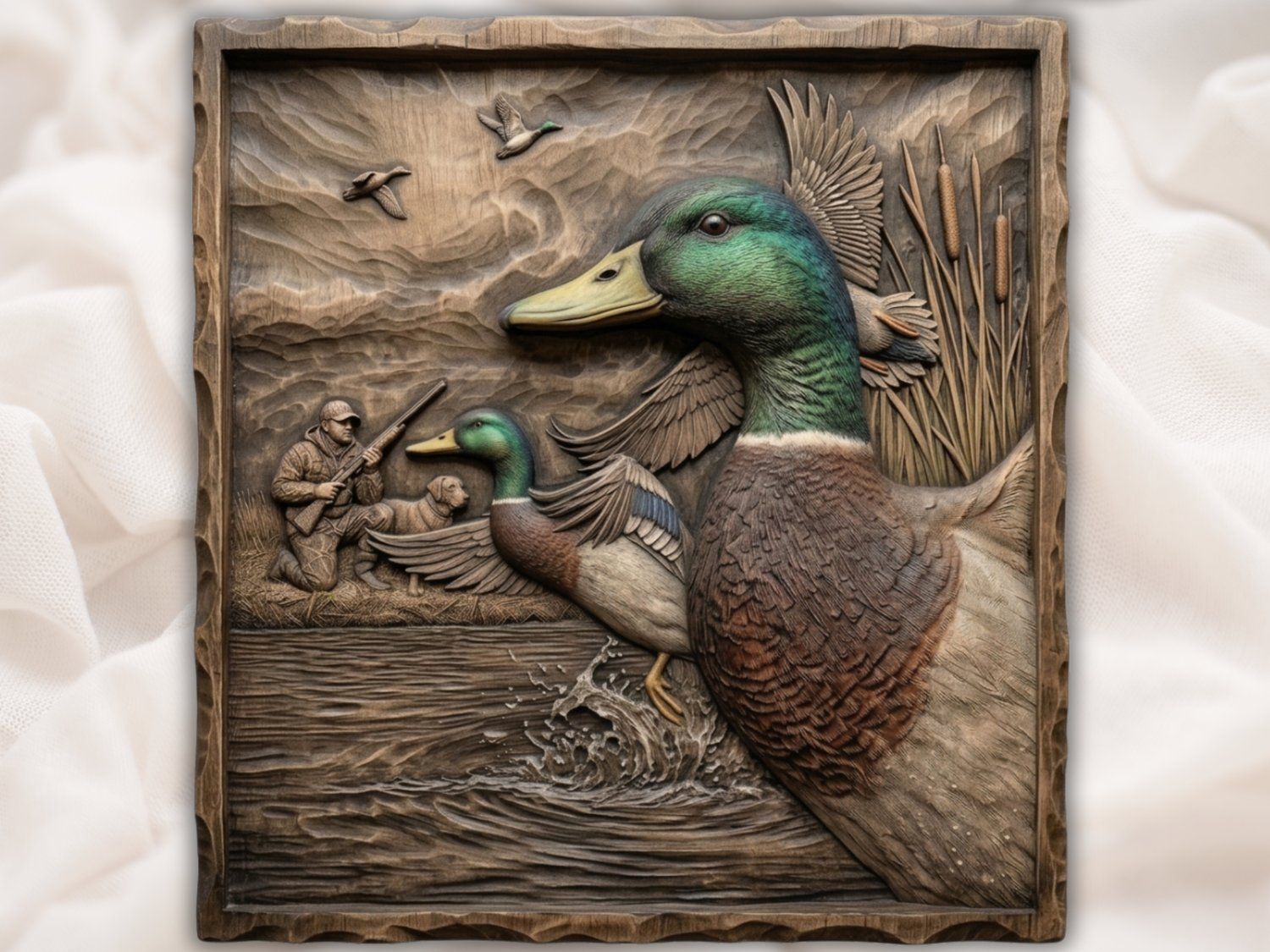 Mallard Duck Hunter & Lab Scene CNC Relief STL bas-relief STL design