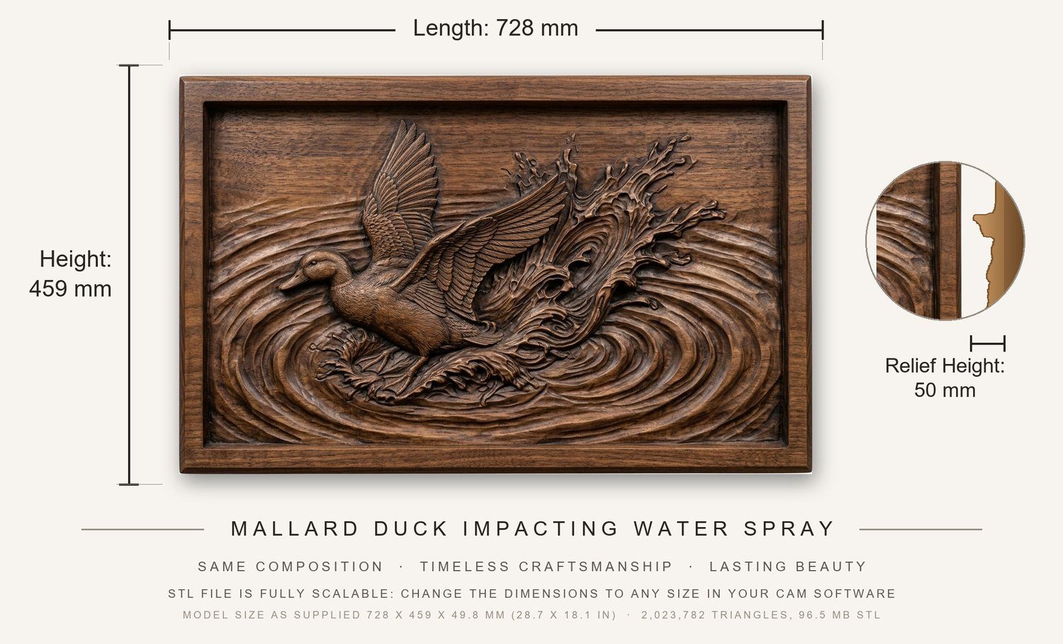 Mallard Duck landing Water CNC Relief STL bas-relief STL — view 3