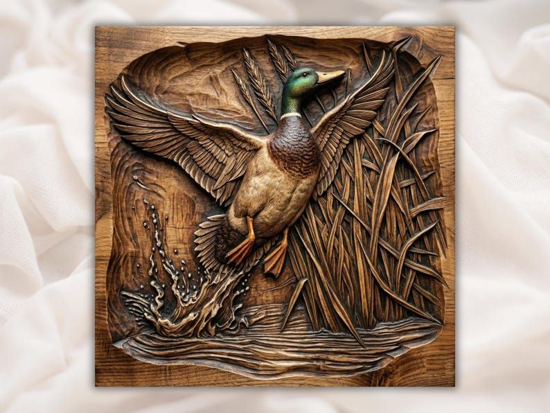 Carved wood bas-relief of a mallard duck landing on water with splashing waves beside tall reeds