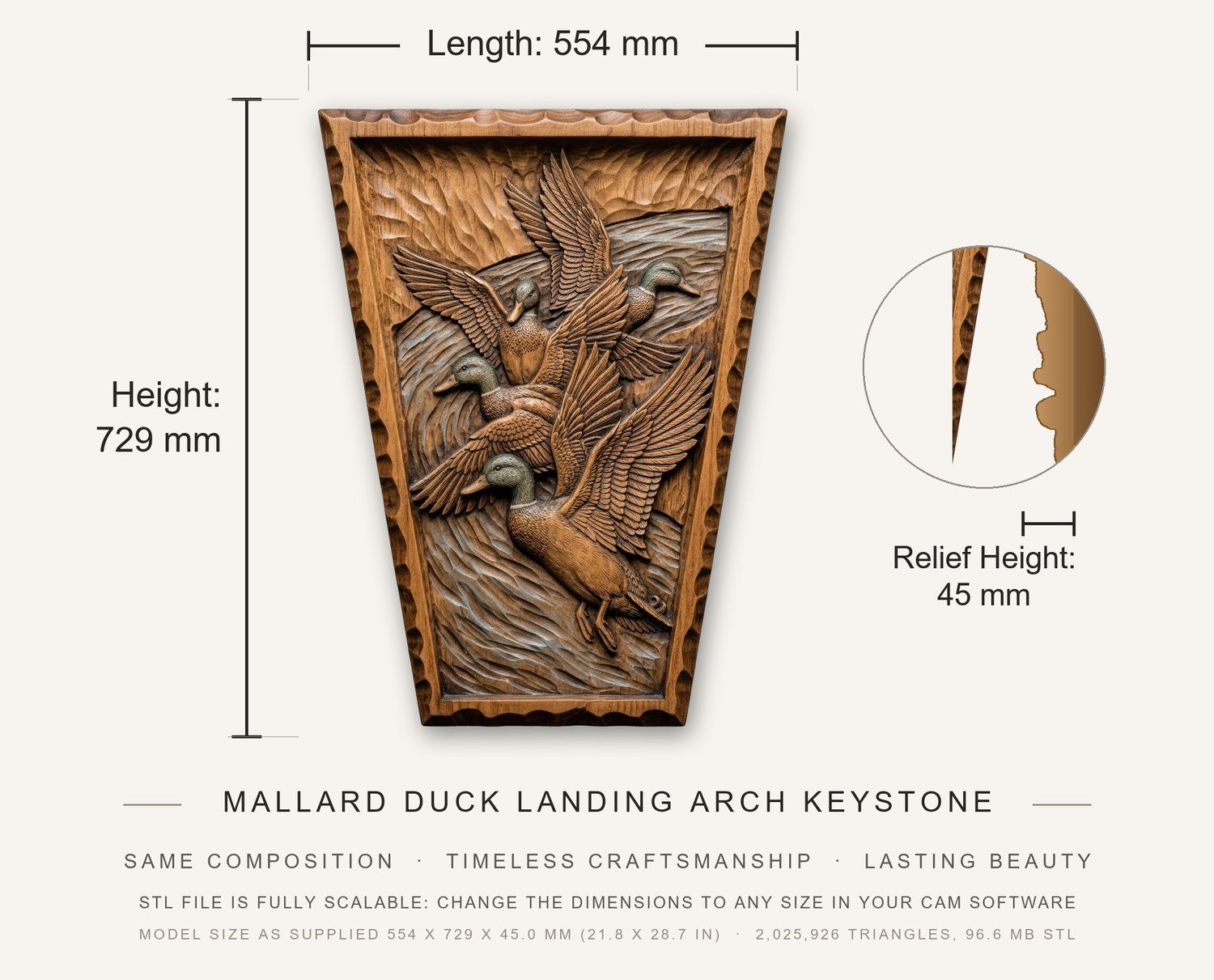 Mallard Duck Landing Arch Keystone CNC Relief STL bas-relief STL — view 3