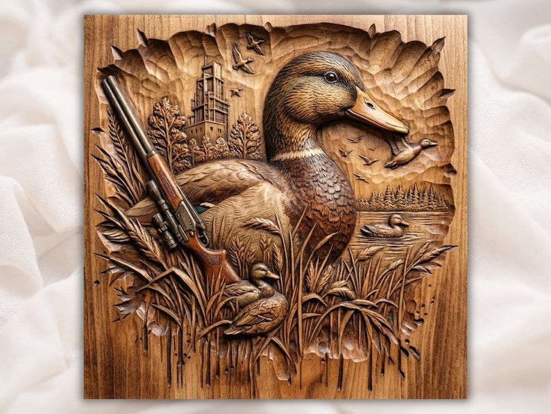 Bas-relief wood carving of a mallard duck with ducklings in marsh reeds, a shotgun, and a lake behind.
