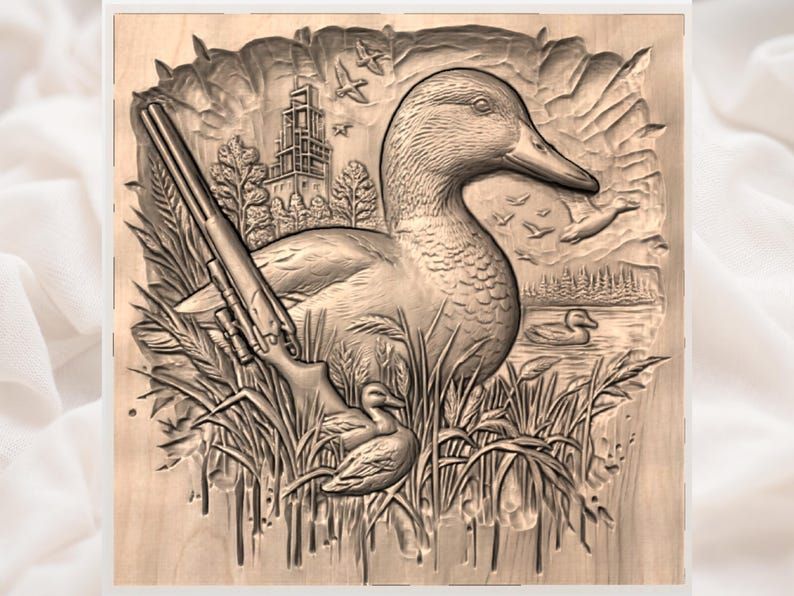 Mallard Drake and Ducklings Marsh Scene Bas-Relief STL bas-relief STL — view 3