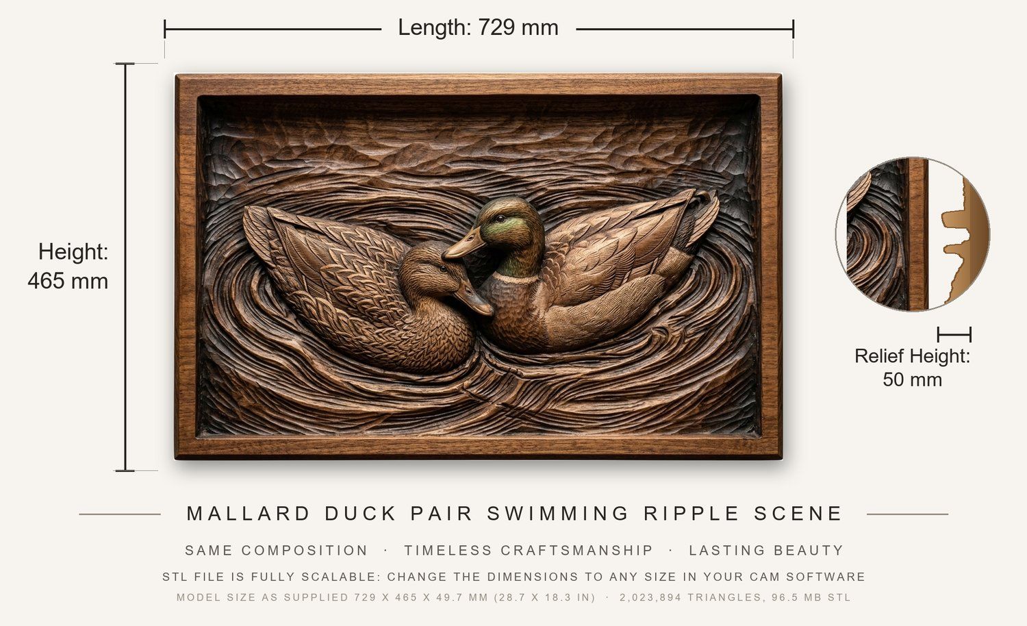 Mallard Duck Pair Swimming Ripple Scene CNC Relief STL bas-relief STL — view 3