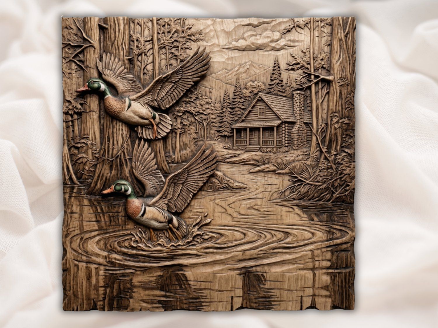 Mallard Duck Pond Cabin Landscape CNC Relief STL | Wildlife Nature Wall Art | Rustic Forest River Wood Carving Panel — carved bas relief STL file for CNC