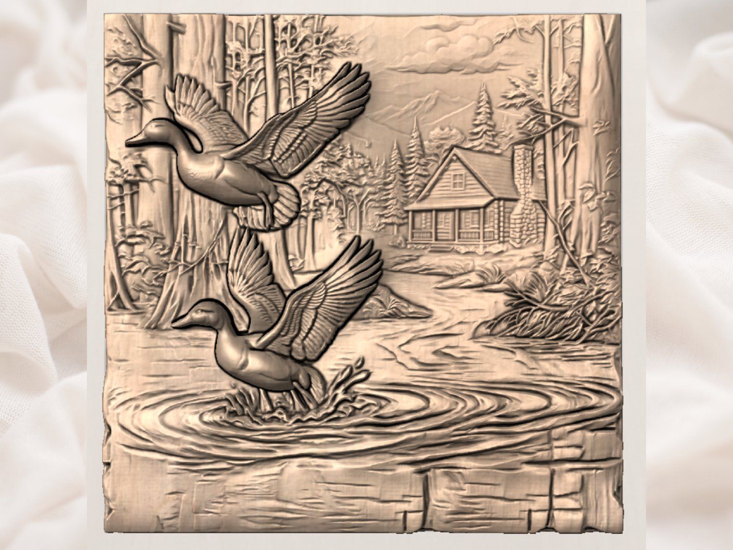 Mallard Duck Pond Cabin Landscape CNC Relief STL bas-relief STL — view 2