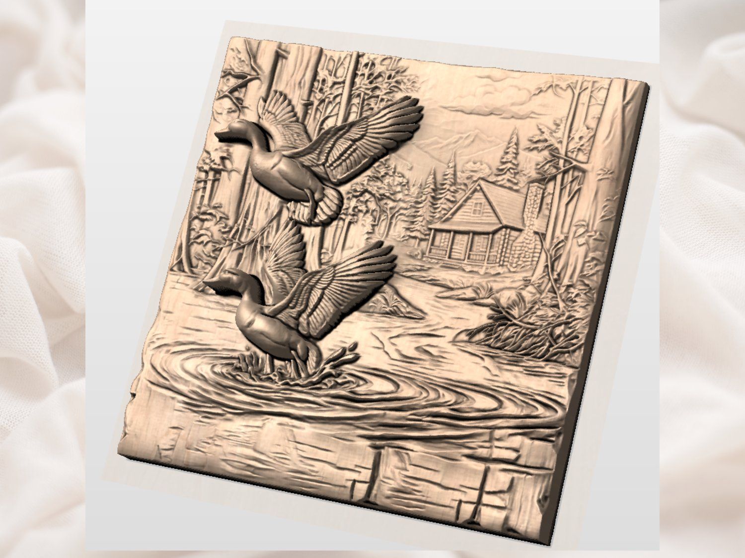 Mallard Duck Pond Cabin Landscape CNC Relief STL bas-relief STL — view 3