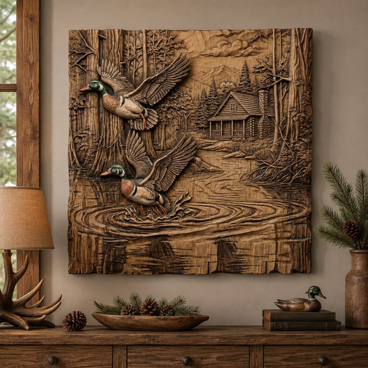 Mallard Duck Pond Cabin Landscape CNC Relief STL bas-relief STL — view 4