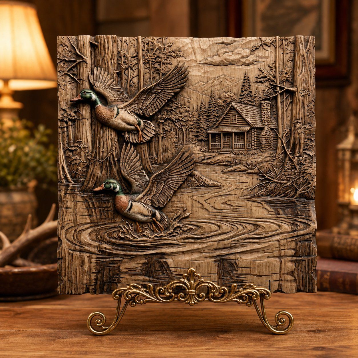 Mallard Duck Pond Cabin Landscape CNC Relief STL bas-relief STL — view 5