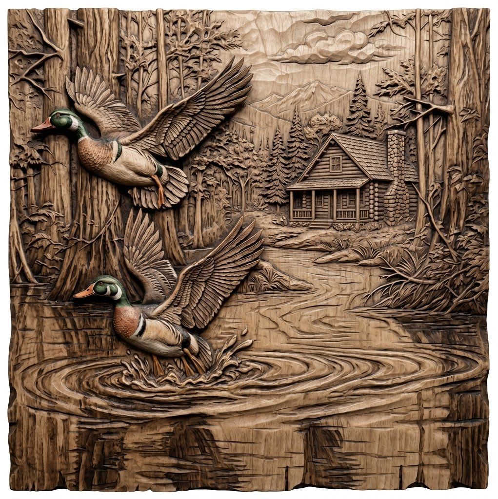 Mallard Duck Pond Cabin Landscape CNC Relief STL bas-relief STL — view 9