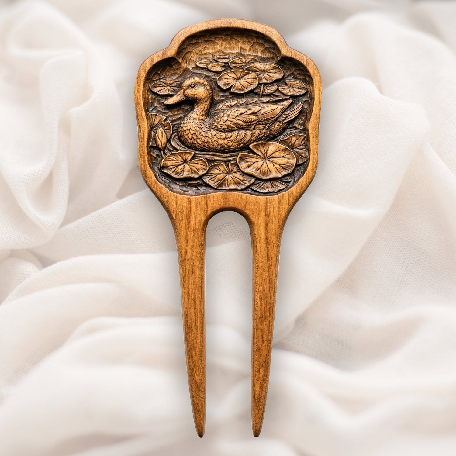 Mallard Duck Pond Lotus Scene Hair Fork CNC Relief STL bas-relief STL design