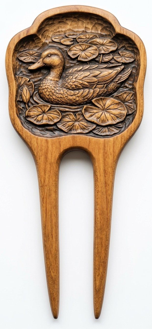 Mallard Duck Pond Lotus Scene Hair Fork CNC Relief STL bas-relief STL — view 4