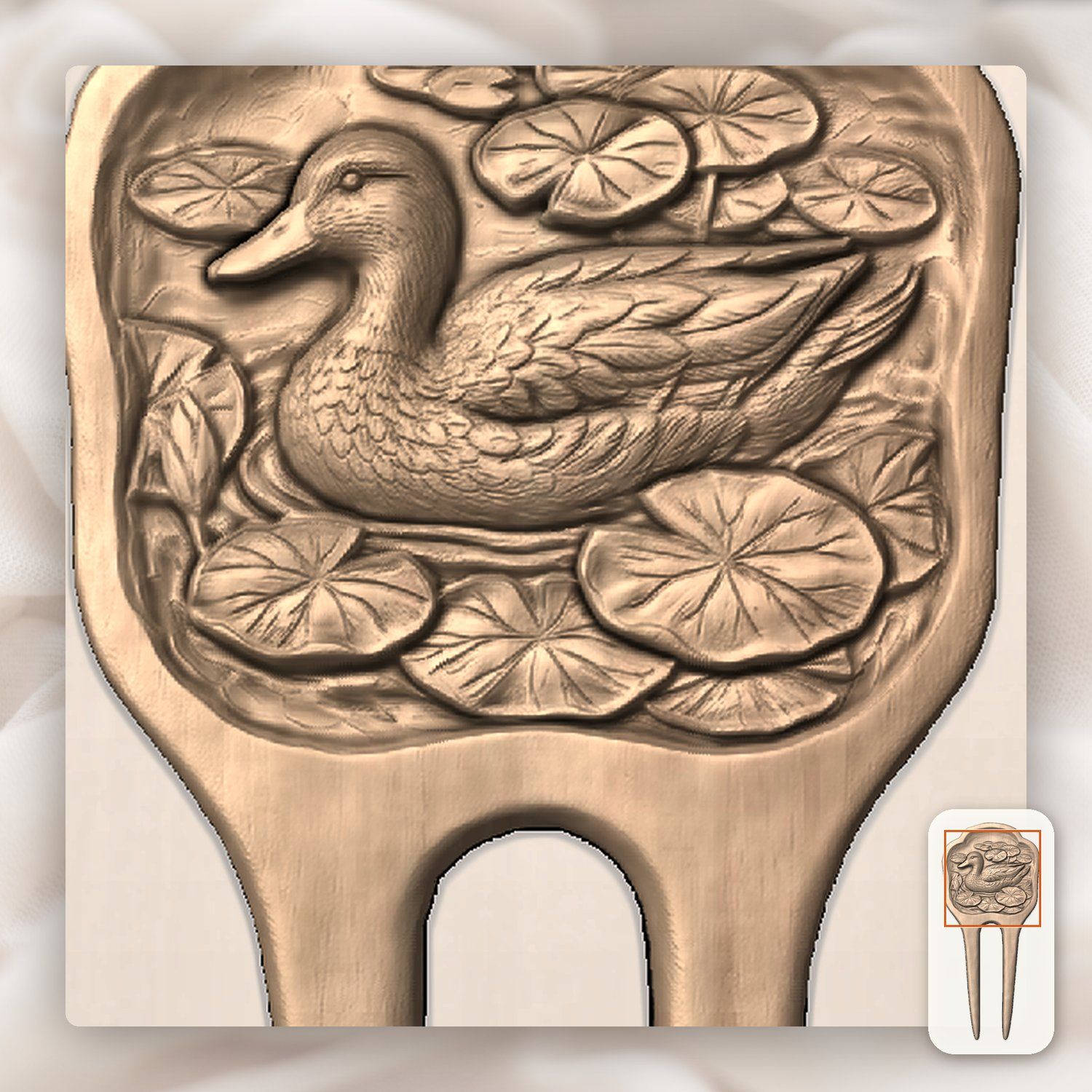 Mallard Duck Pond Lotus Scene Hair Fork CNC Relief STL bas-relief STL — view 7