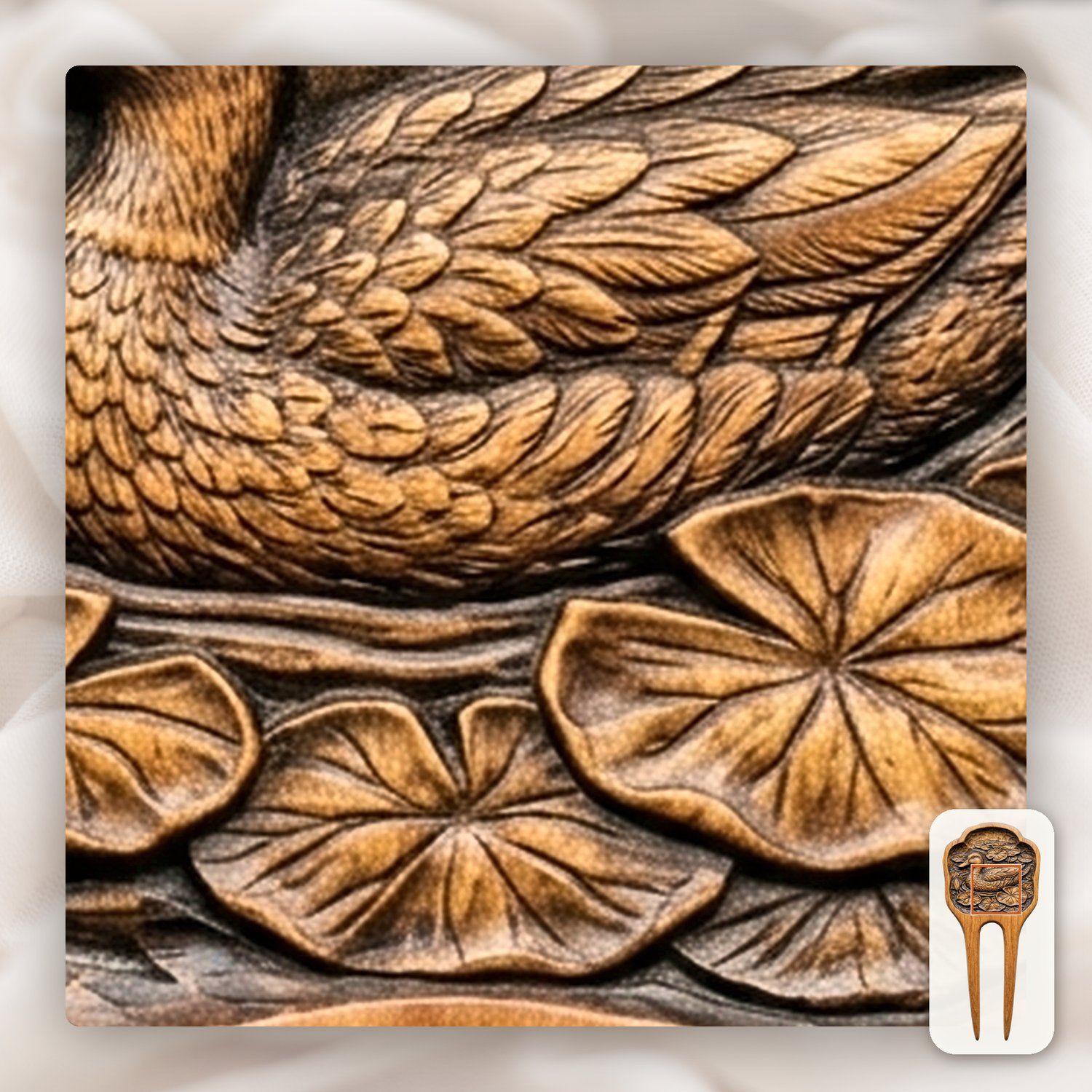 Mallard Duck Pond Lotus Scene Hair Fork CNC Relief STL bas-relief STL — view 8