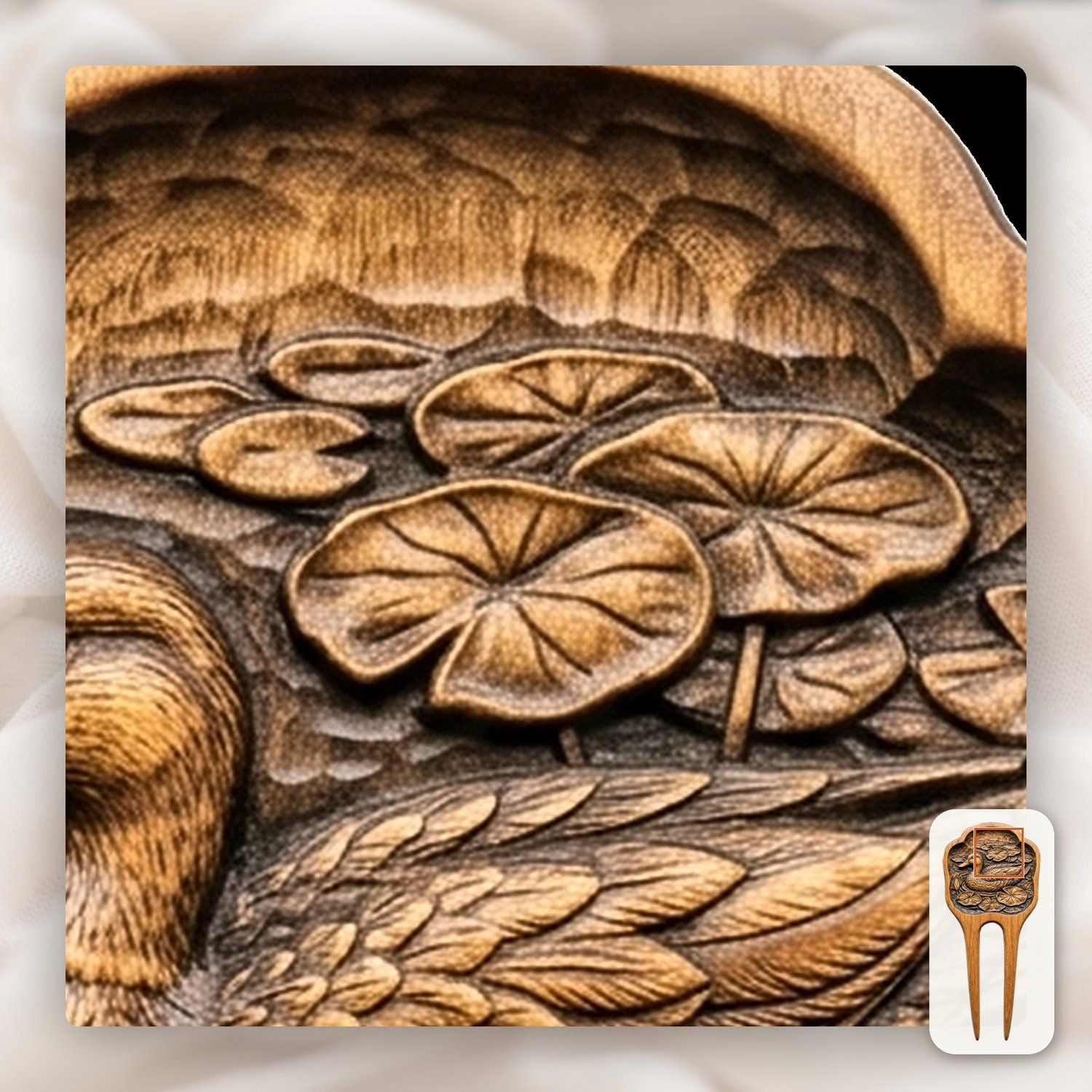 Mallard Duck Pond Lotus Scene Hair Fork CNC Relief STL bas-relief STL — view 9