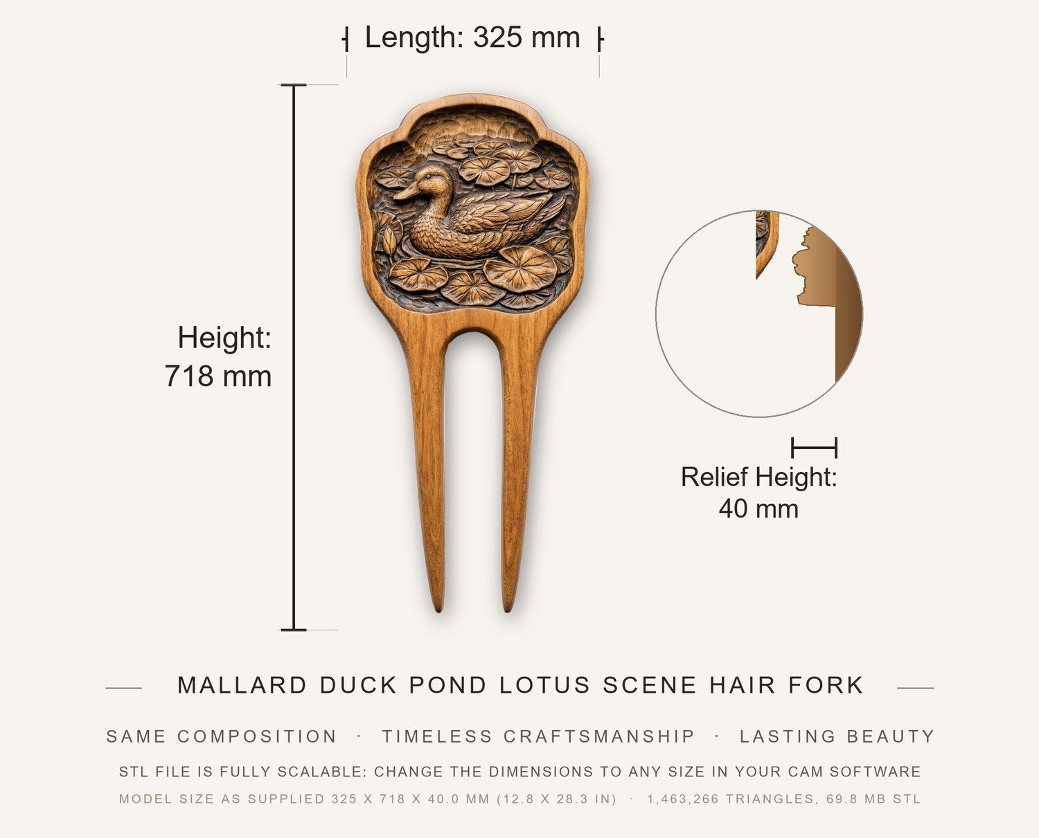 Mallard Duck Pond Lotus Scene Hair Fork CNC Relief STL bas-relief STL — view 3