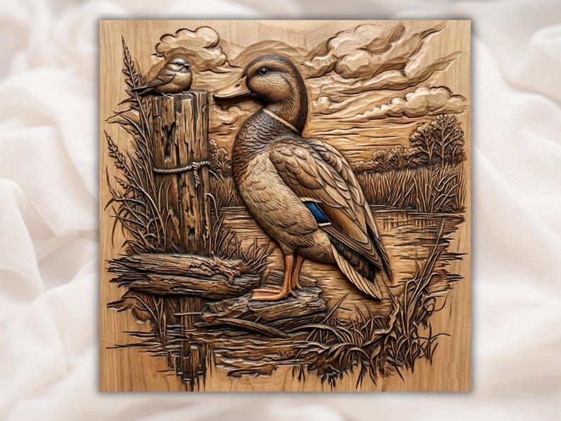 Carved wood bas-relief of a mallard duck standing on a log by a pond with reeds, a small bird on a post, and clouds