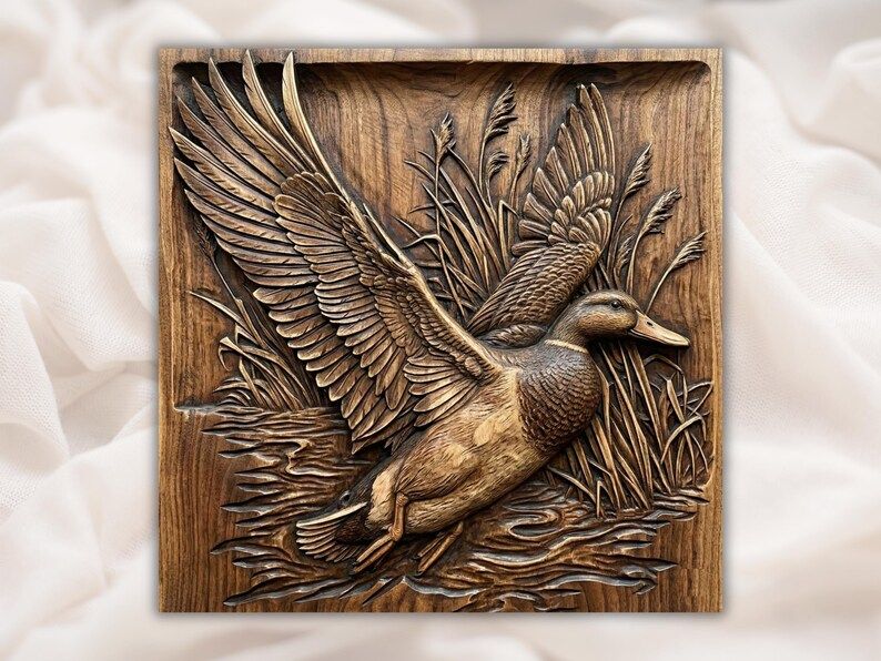 Bas-relief wood carving of a mallard duck landing on water with wings spread and reeds in the background