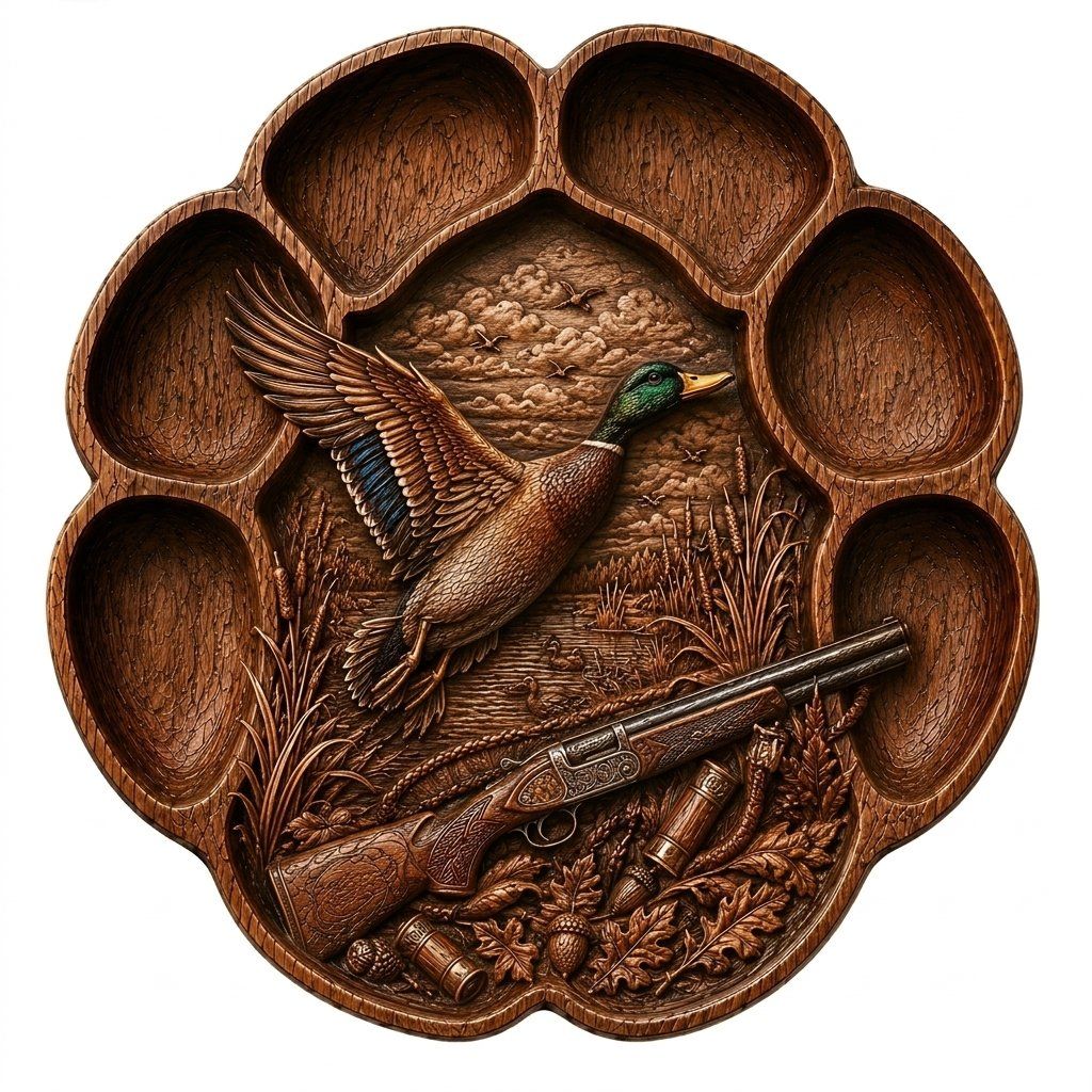 Mallard Duck Waterfowl Hunting Scene Paw Print CNC Relief STL | Wildlife Hunter Gift Wood Carving Design | Rustic Cabin Wall Decor Panel — carved bas relief STL file for CNC