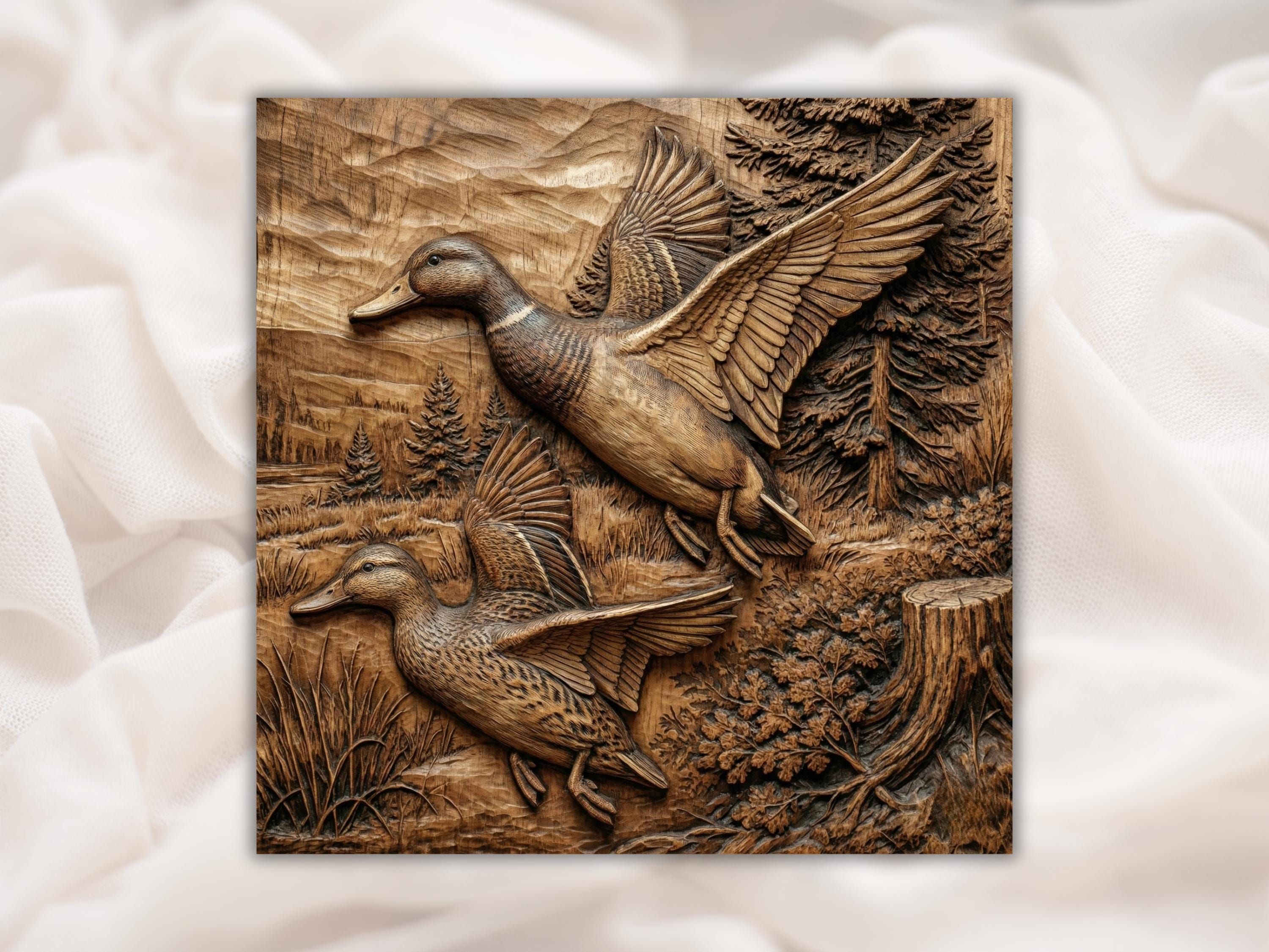 Bas-relief wood carving of two mallard ducks flying low over marsh grass and oak leaves.