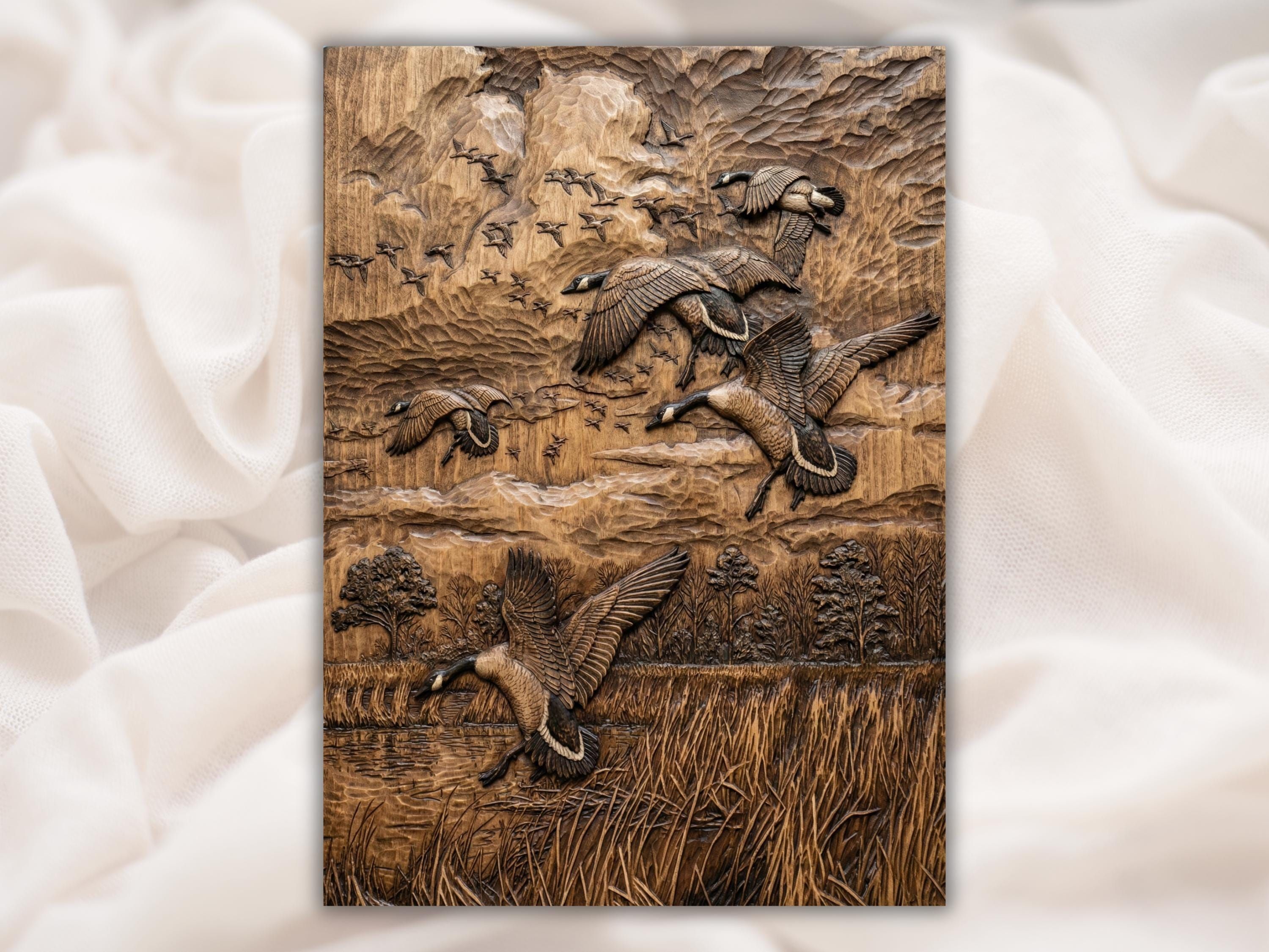 Bas-relief wood carving of Canada geese flying up from a marsh with cattails and a flock in the distant sky