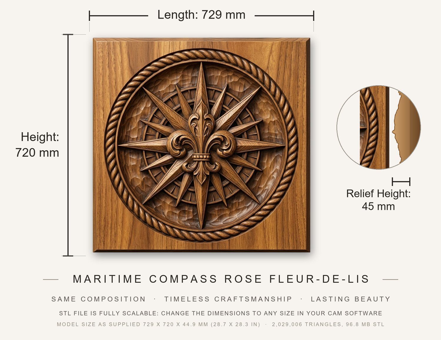 Maritime Compass Rose Fleur-de-lis CNC Relief STL bas-relief STL — view 3