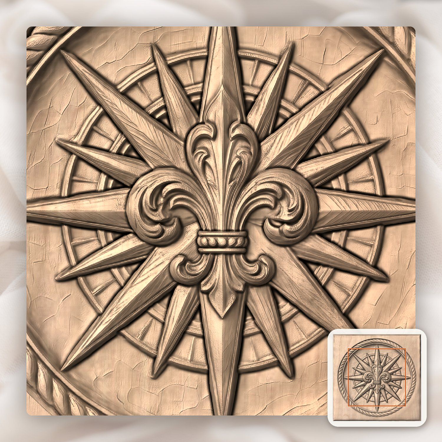 Maritime Compass Rose Fleur-de-lis CNC Relief STL bas-relief STL — view 6