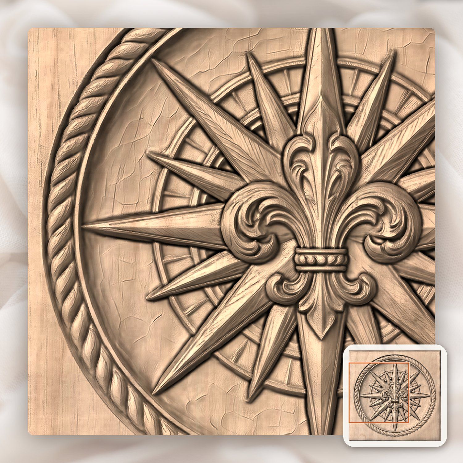 Maritime Compass Rose Fleur-de-lis CNC Relief STL bas-relief STL — view 7
