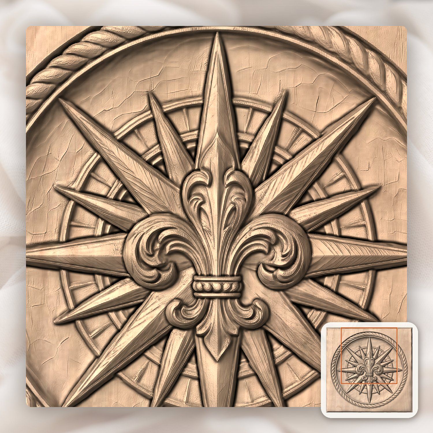 Maritime Compass Rose Fleur-de-lis CNC Relief STL bas-relief STL — view 8