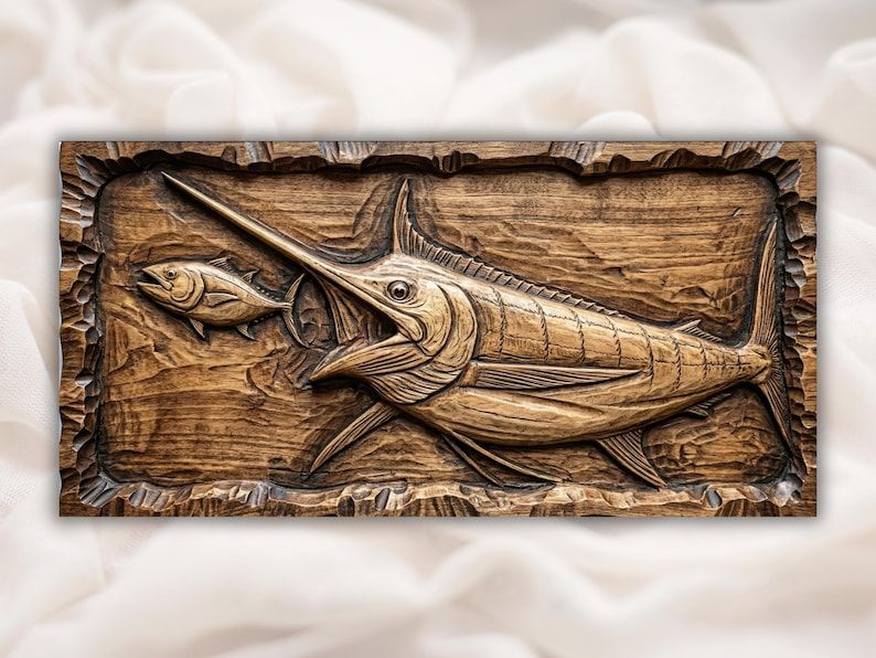 Carved wood bas-relief of a blue marlin chasing a small bait fish on a grained panel