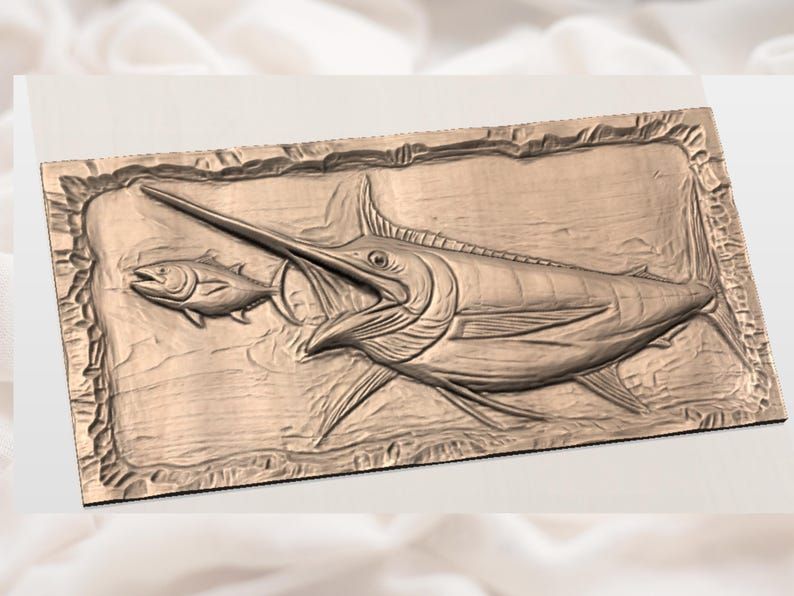 Blue Marlin Chasing Bait Fish Bas-Relief STL Carving bas-relief STL — view 2