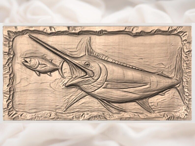 Blue Marlin Chasing Bait Fish Bas-Relief STL Carving bas-relief STL — view 3