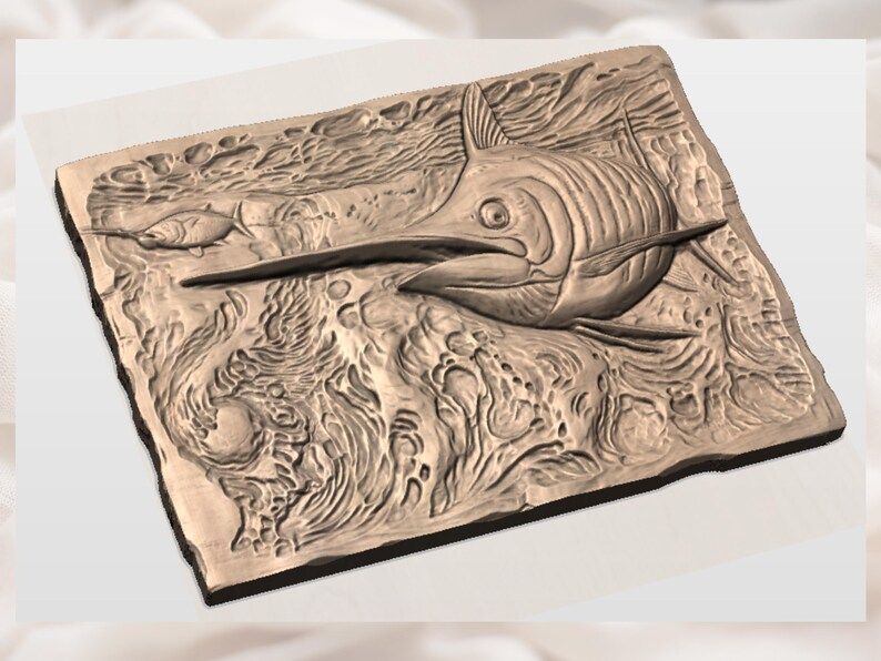 Leaping Marlin Bas-Relief STL, Ocean Waves Big Game Fish Carving bas-relief STL — view 2