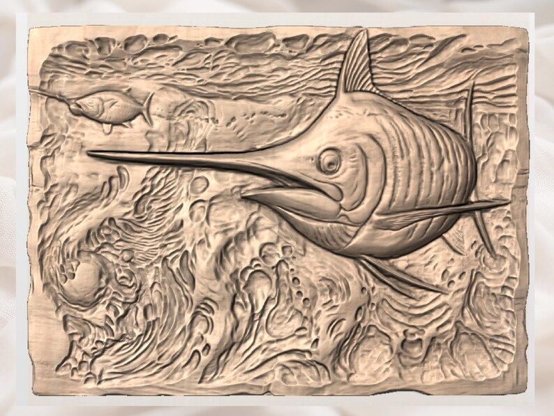 Leaping Marlin Bas-Relief STL, Ocean Waves Big Game Fish Carving bas-relief STL — view 3