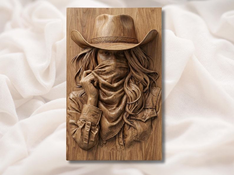 Carved wood bas-relief of a cowgirl in a hat with a bandana mask covering her face and long wavy hair.
