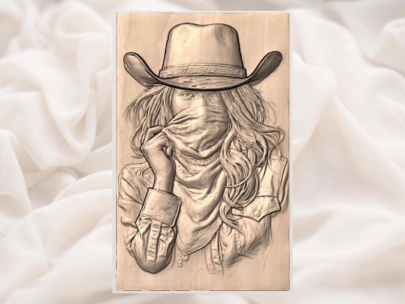 Masked Outlaw Cowgirl with Bandana 3D Relief STL bas-relief STL — view 2