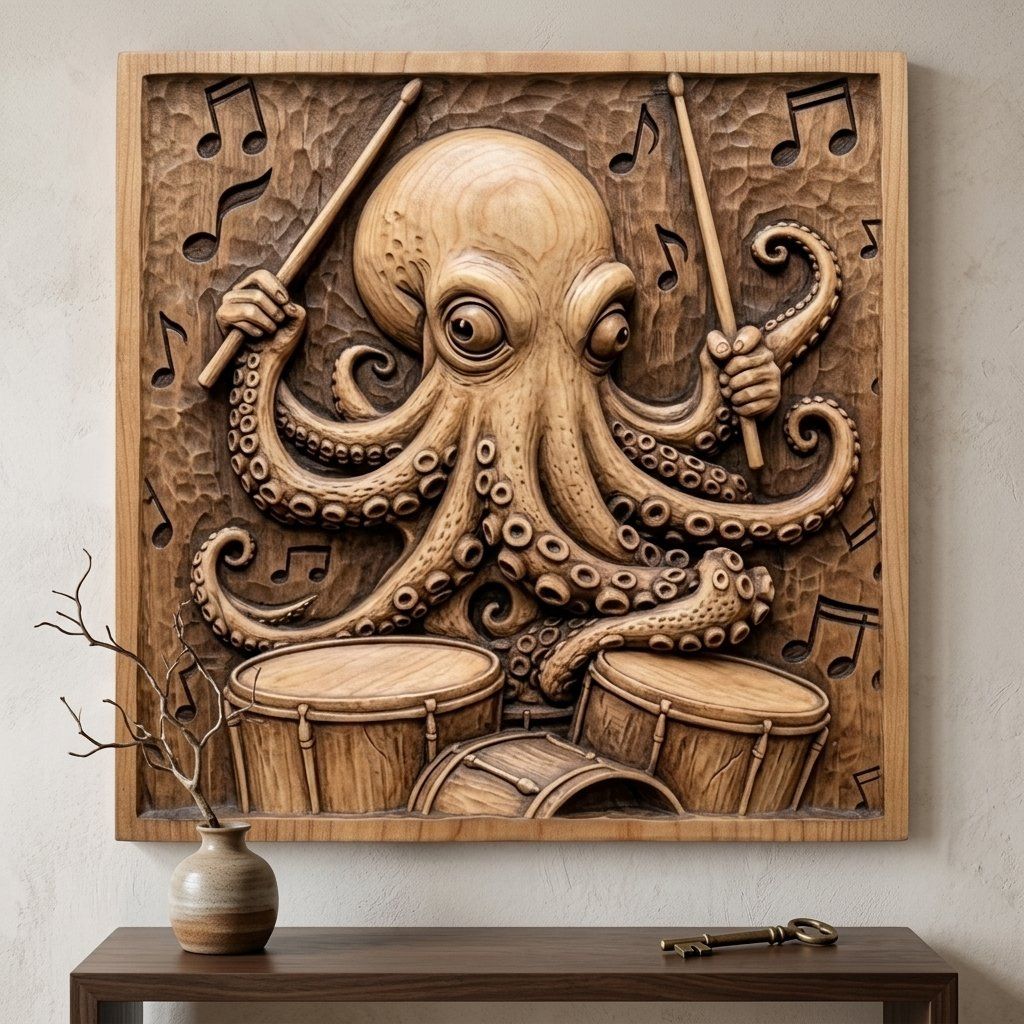 Master Musician Octopus Drummer CNC Relief STL bas-relief STL — view 4