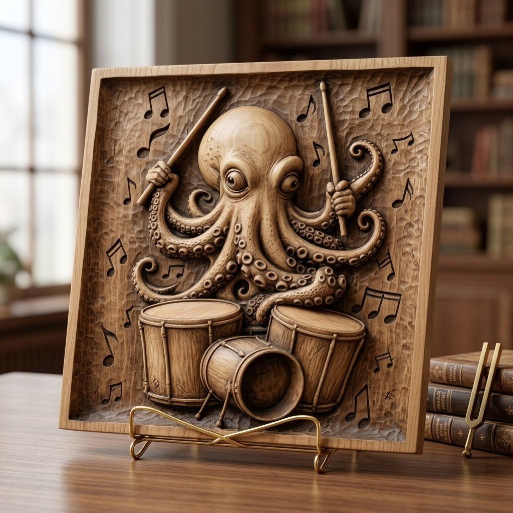 Master Musician Octopus Drummer CNC Relief STL bas-relief STL — view 5