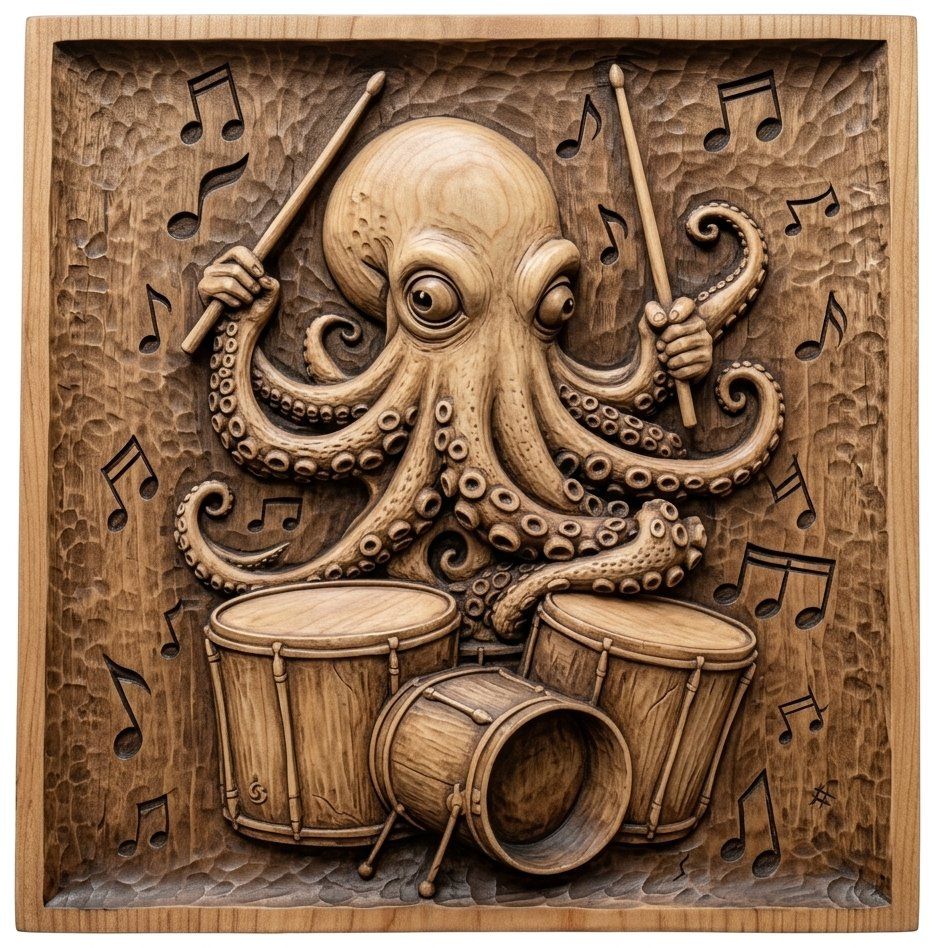 Master Musician Octopus Drummer CNC Relief STL bas-relief STL — view 6