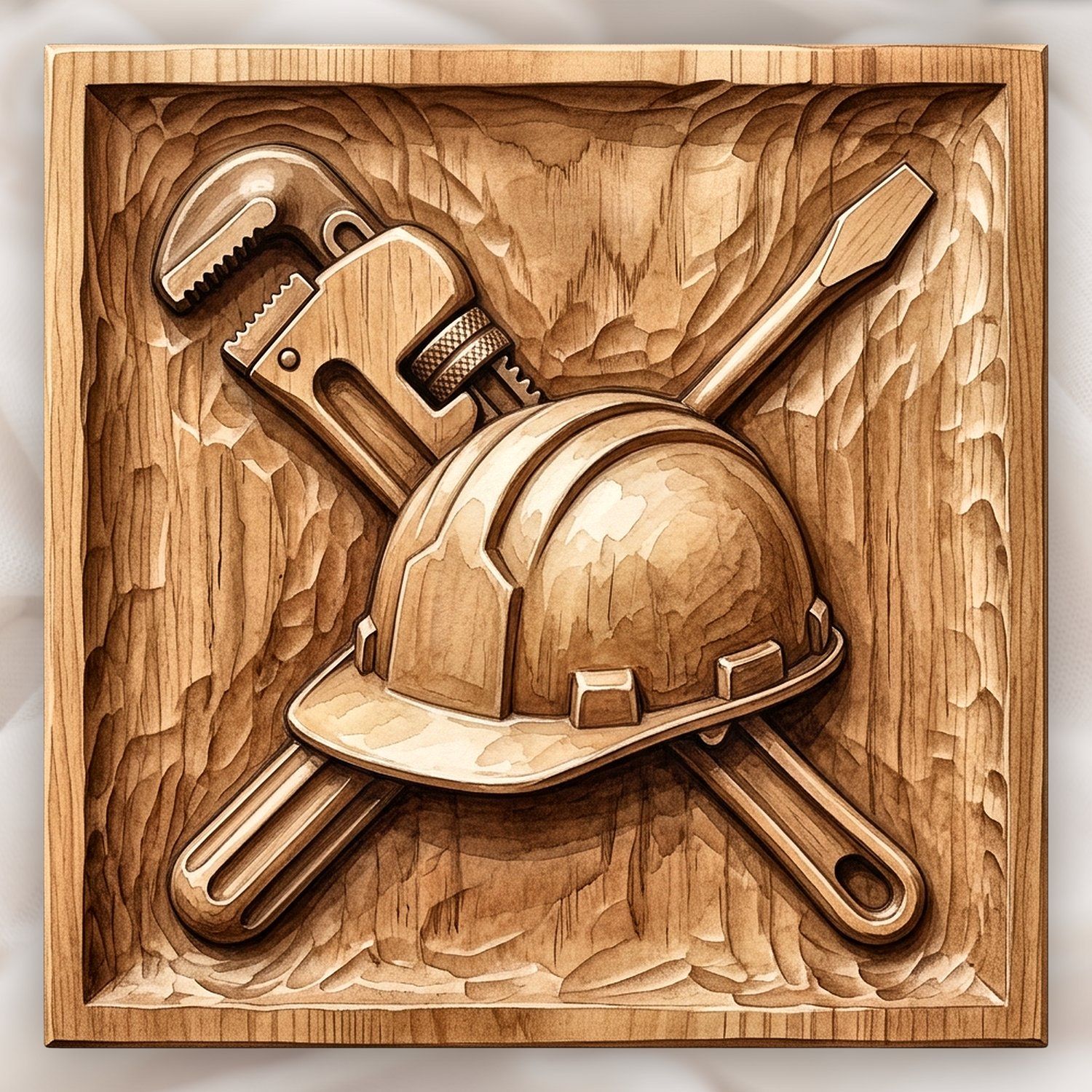 Master Tradesman Tools and Hard Hat Wood Carving CNC Relief STL bas-relief STL design