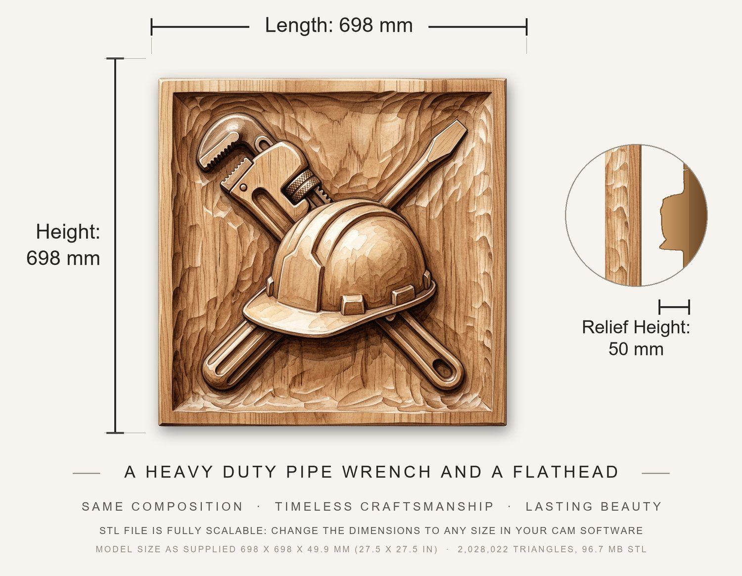 Master Tradesman Tools and Hard Hat Wood Carving CNC Relief STL bas-relief STL — view 3