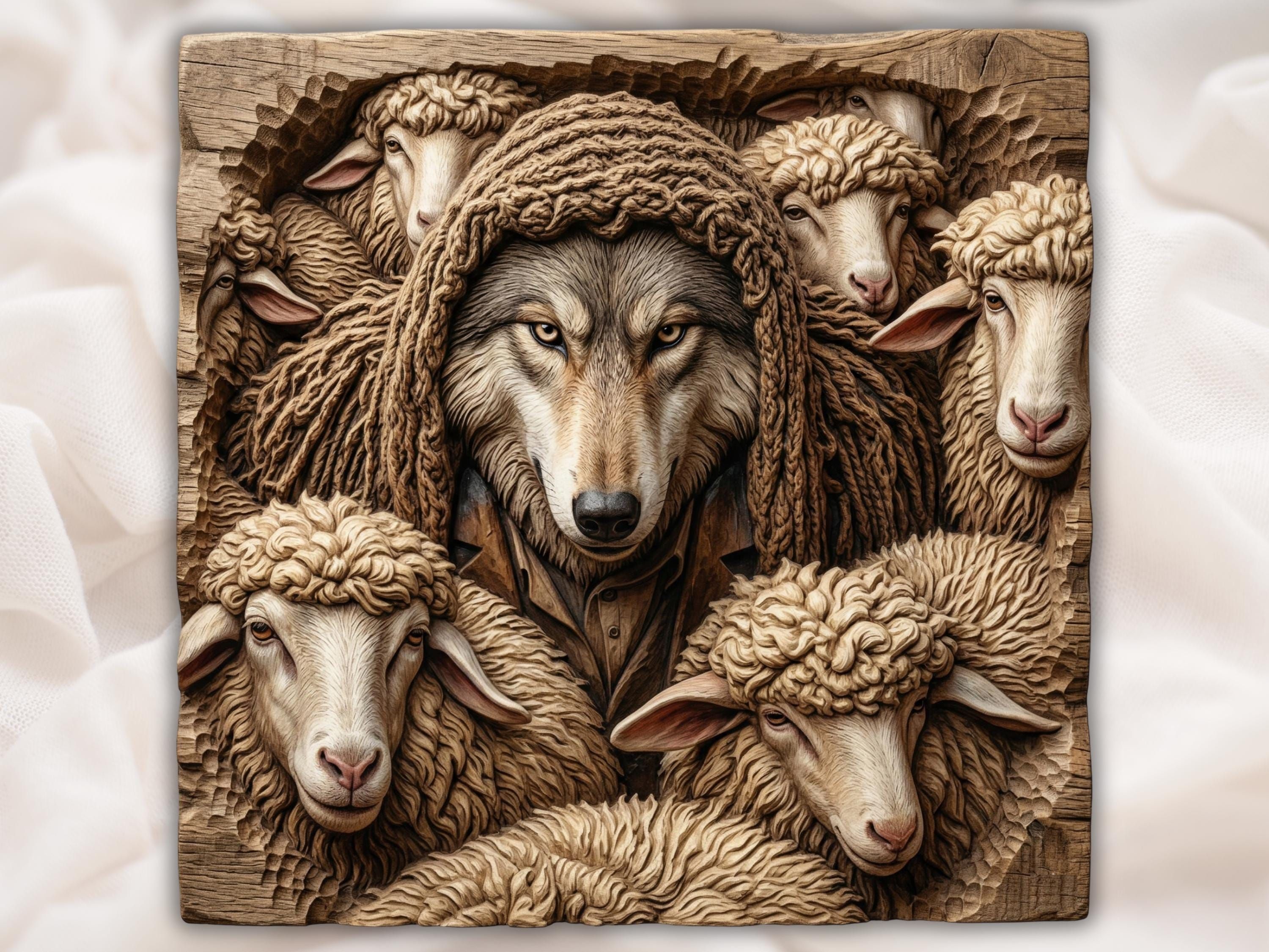 Carved wood bas-relief of a wolf wearing a knitted shawl surrounded by sheep, Matthew 7:15 theme